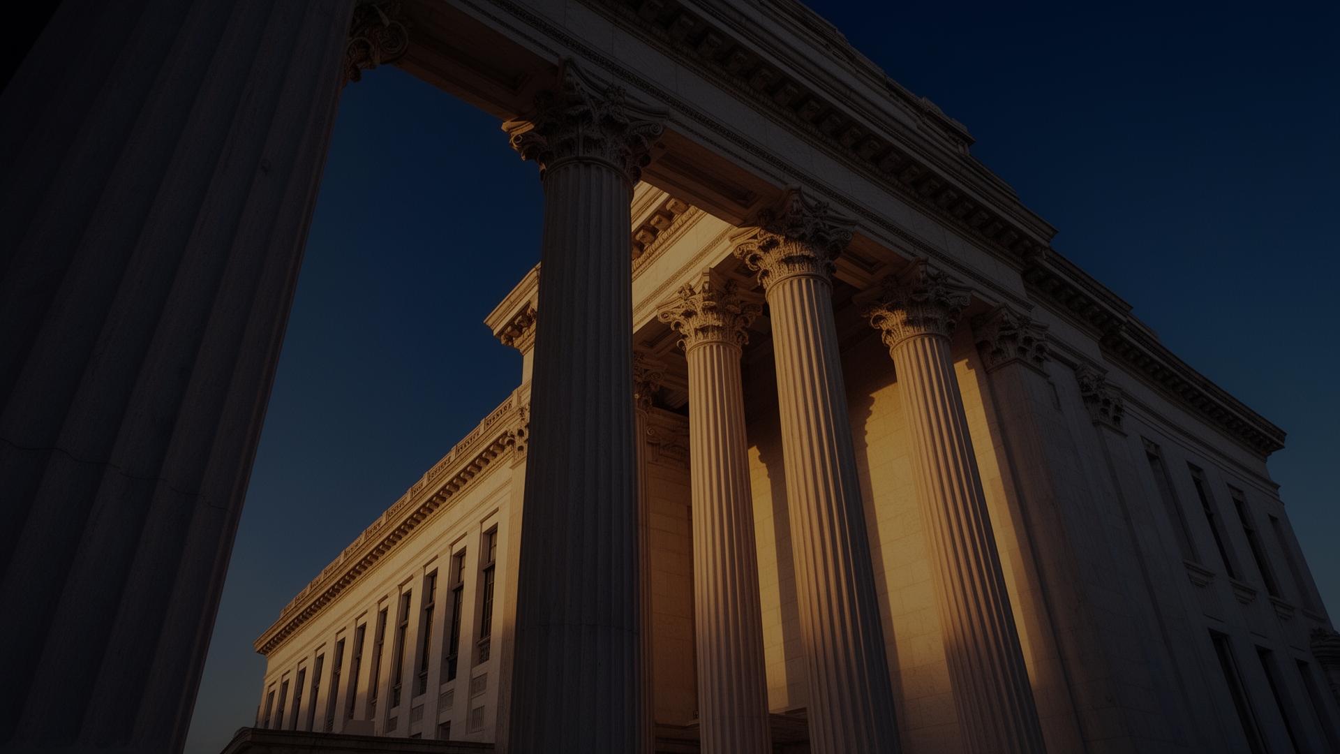 Courthouse columns at golden hour